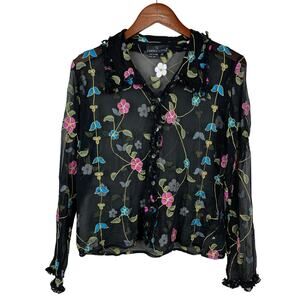 Carole Little Blouse Sheer Silk Floral Embroidered Black Ruffles Art Women’s 10